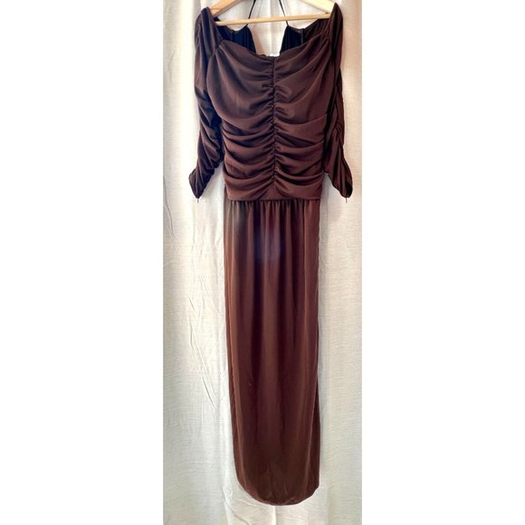 Tanya Taylor Marla Ruched Maxi Fit and Flare Dress Off Shoulder Mocha Brown 18 - Picture 2 of 16